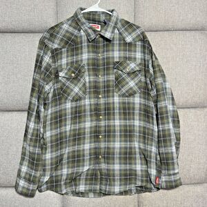 Mens Wrangler Button Up Plaid Shirt Long Sleeve Large Green/Gray - Sm Hole